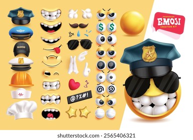 Emoji police clipart creation kit character set. Profession emoji 3d editable face with hats, mouth, mustache, sunglasses, hands, heart, stars and eyes graphic design elements. Vector illustration