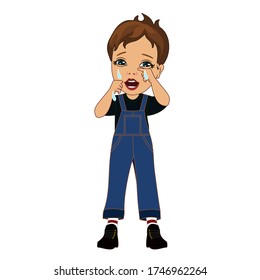 emoji with poor upset boy that weeps and cries with tear drops running on his hands because he is devastated by troubles in life, simple colored emoticon