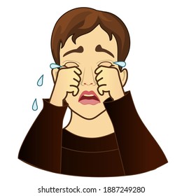 emoji with poor upset man that weeps and cries with tear drops running on his hands because he is devastated by troubles in life, simple colored emoticon
