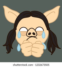 emoji with poor upset pig gal that weeps and cries with tear drops running on her hands because she is devastated by troubles in life, simple hand drawn emoticon, simplistic colorful picture