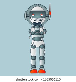 emoji with poor upset robot that weeps and cries with tear drops running on his hands because he is devastated by troubles in life, color hand drawn emoticon