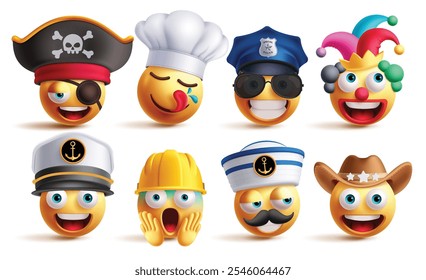 Emoji profession characters vector set. Professionals emojis clip art character like pirate, chef, police, clown, marine, engineer, captain and cowboy 3d icon collection. Vector illustration emojis 