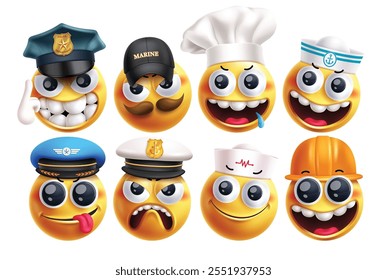 Emoji profession characters vector set. Emojis job character like police, marine, chef, seafarer, pilot, captain, surgeon and engineer wearing hat costume graphic elements. Vector illustration career 