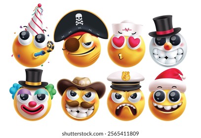 Emoji profession vector characters set. Emojis job character like birthday, pirate, surgeon, clown, bandit, seafarer and santa claus wearing hat costume with person facial expressions. Vector 