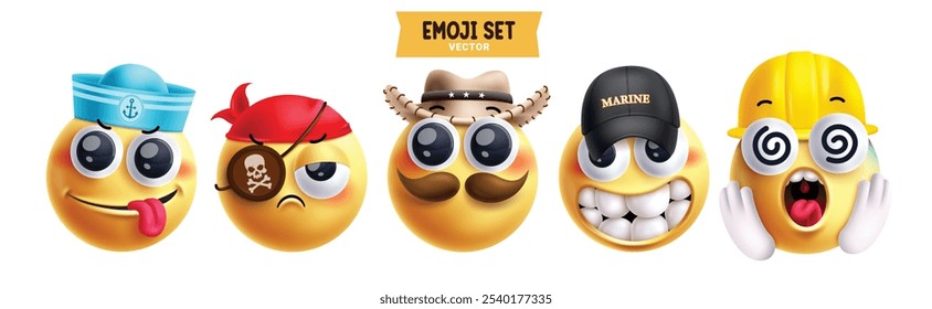 Emoji professional emoticon characters vector set. Emojis professionals character like sailor, pirate, cowboy, marine, engineer and career mascot 3d round face elements collection. Vector illustration