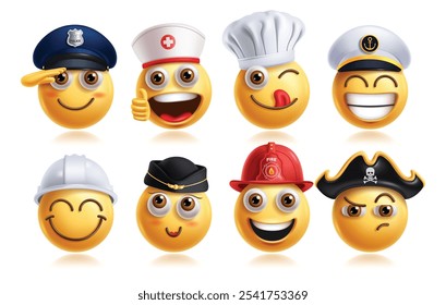 Emoji professionelle Emoticon Zeichen Vektor-Set. Emojis Karriere Charakter wie Polizei, Krankenschwester, Küchenchef, Marine, Ingenieur, Stewardess, Feuerwehrmann und Piraten 3D runde Gesichtselemente Sammlung. Vektorgrafik 