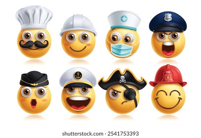 Emoji professional emoticon characters vector set. Emojis career 3d character like chef, engineer, nurse, doctor, police, stewardess and pirate in round face elements collection. Vector illustration e