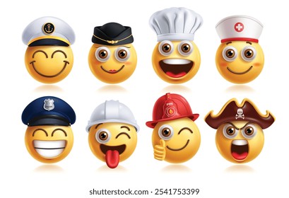 Emoji professional emoticon characters vector set. Emojis career 3d character like chef, nurse, police, engineer, fireman, pirate and doctor in round face elements collection. Vector illustration