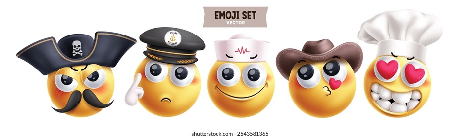 Emoji professional emoticon characters vector set. Emojis career 3d character like pirate, coast guard, nurse, cowboy and chef round face elements collection. Vector illustration emojis professional 
