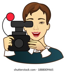 emoji with professional tv cameraman that is shooting a video for a television news channel, guy camera operator at work behind a retro vhs videocamera, simple colored emoticon