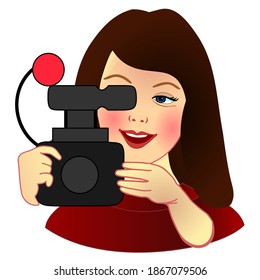 emoji with professional tv camerawoman that is shooting a video for a television news channel, girl camera operator at work behind a retro vhs video camera, simple colored emoticon