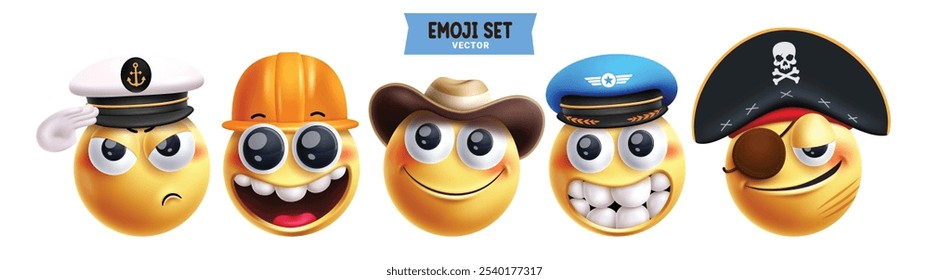 Emoji profissionais emoticon personagens conjunto vetor. Emojis 3d personagem como capitão, engenheiro, vaqueiro, marinheiro, pirata e mascote de carreira rodar elementos de rosto coleção. Emojis de ilustração vetorial 