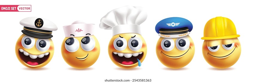 Conjunto de Vectores de personajes de emoticonos de profesionales de emoji. Conjunto de profesionales marinos, médico, chef, piloto y trabajador de la construcción de la carrera de emoticonos con cara sonriente linda colección de icono amarillo. Vector