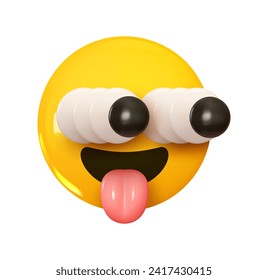 Emoji mit vorstehenden Augen und Pollenzunge. Emotion 3D Cartoon Icon. Gelbes rundes Emotikon. Vektorgrafik