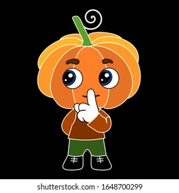 emoji with pumpkin man character shushing  to politely tell people to shut up and be quiet to keep silence, man using finger on mouth gesture to stop ppl talking, simple hand drawn vector emoticon 