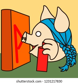 emoji with punk pig girl that is spraying paint with aerosol spray can on a street wall to draw some graffiti in public, simple hand drawn emoticon, simplistic colorful picture, eps 10 vector clip art
