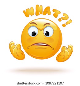 Emoji raises his hands and asks a question. Angry smiley asks the question. The interrogatory gesture. Surprised emoticon. Vector illustration isolated on white background