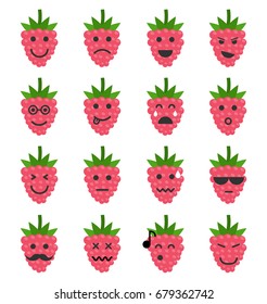 Emoji raspberries set. Raspberries icons on the white background. Flat cartoon style. Vector illustration.