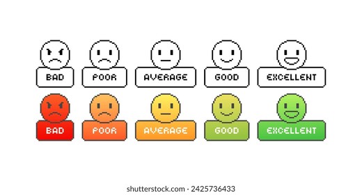 Conjunto de iconos de clasificación de emoticonos. Malo, Malo, Promedio, Bueno, Excelentes calificaciones. Estilo lineal y plano. Iconos vectoriales
