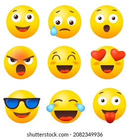 La reacción emoticona. Icono emoticono, emoticonos emojis, sonrisa de humor de mensajes de chat social, sonrisa de emoción cara sonrisas expresión, como el grito de corazón amor vector feliz. Ilustración del emoticono de sonrisa feliz