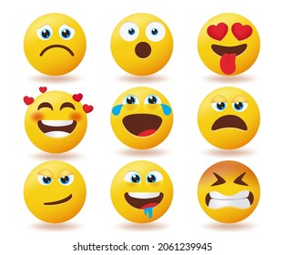 Emoji reaction vector set. Emojis smiley yellow faces collection with facial expression isolated in white background for emoticons face emotion character design. Vector illustration.
