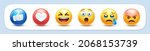 Emoji reactions. Thumb up Like, Love heart, Haha laughing, Wow surprised emoticon, Sad crying and Angry flushed face 3D stylized vector icons