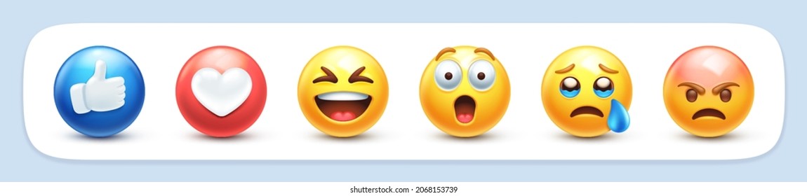Emoji reactions. Thumb up Like, Love heart, Haha laughing, Wow surprised emoticon, Sad crying and Angry flushed face 3D stylized vector icons