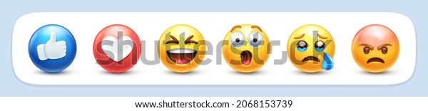 Emoji reactions. Thumb up Like, Love heart, Haha\
laughing, Wow surprised emoticon, Sad crying and Angry flushed face\
3D stylized vector icons