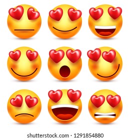 Emoji With Red Heart Vector Set. Valentines Day Yellow Cartoon Emoticons Face. Love Feeling Expression.