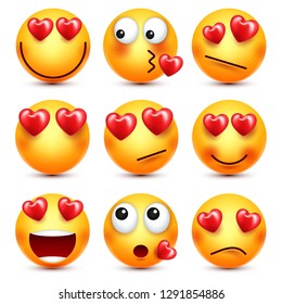 Emoji With Red Heart Vector Set. Valentines Day Yellow Cartoon Emoticons Face. Love Feeling Expression.