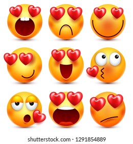 Emoji With Red Heart Vector Set. Valentines Day Yellow Cartoon Emoticons Face. Love Feeling Expression.
