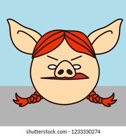 emoji with redhead or ginger pig woman in disdain that is showing her contempt & disgust with the left side of her upper lip lifted up, simple hand drawn emoticon, simplistic colorful picture