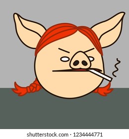 emoji with redhead pig woman smoker that is smoking her cigarette with disdained face, female street thug fooling around the city with weed joint in her mouth, simple hand drawn emoticon