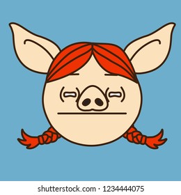 emoji with redhead pig woman with suspicious 'not sure if...' expression of her screwed up eyes, simple hand drawn emoticon, simplistic colorful picture, vector art with pig-like characters