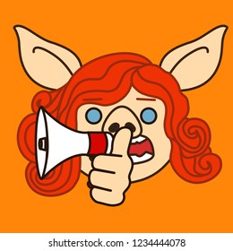 emoji with redhead pig woman who is shouting with megaphone, gal speaking with trumpet or bullhorn, female using a loud-hailer to shout out loud, simple hand drawn emoticon, eps 10 vector clip art