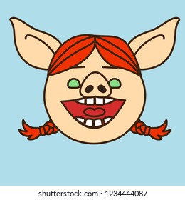 emoji with redhead toothy pig woman character with cheesy smile & pigtails who shows her teeth, simple hand drawn emoticon, simplistic colorful picture, vector art with pig-like characters