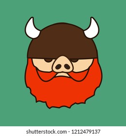 emoji with redhead viking pig with strong beard and mustache wearing a horned helm, simple hand drawn emoticon, simplistic colorful picture, vector art with pig-like characters