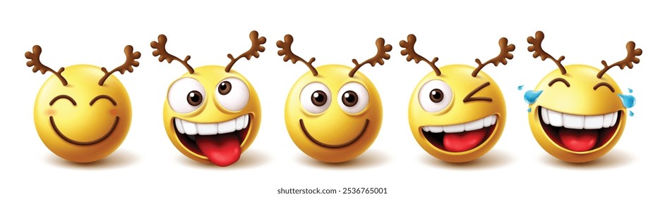 Emoji reindeer character vector set. Emojis emoticon reindeer character in naughty, happy, winking and laughing facial expression for xmas holiday collection. Vector illustration emojis deer set . 
