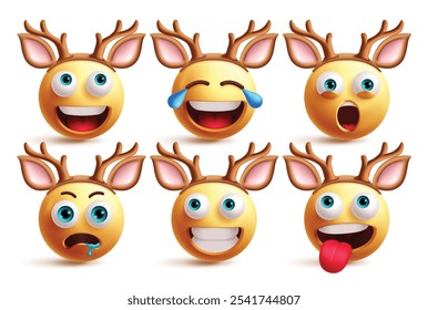 Emoji reindeer characters vector set. Emojis xmas deer emoticons in happy, laughing, shock, hungry, smiling and naughty facial expressions character collection. Vector illustration emojis christmas 