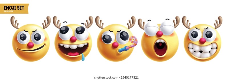 Emoji renas Natal emoticon caracteres conjunto vetor. Emojis xmas personagem em feliz, engraçado, impertinente, sorrindo, faminto e soprando bonito rosto 3d elementos coleção. Emojis de ilustração vetorial 