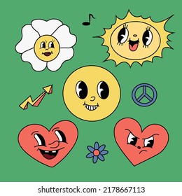 Emoji retro 70s collection set. Abstract Patches Collection. Cool Trendy Smile Happy Stickers Vector Design.