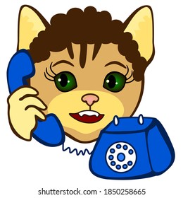 emoji with retro cat secretary holds a vintage handset near her ear while answering the phone call, simple hand drawn emoticon, simplistic facial expression