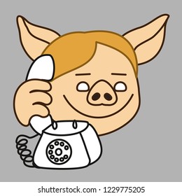 emoji with retro pig man secretery that holds a vintage handset near his ear while answering the phone call, simple hand drawn emoticon, simplistic colorful picture, eps 10 vector clip art