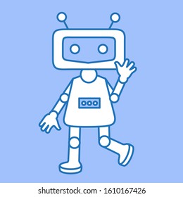 emoji with retro robot or just bot with antennas and a helmet who raised his palm in greeting, simplistic facial expression vector illustration, simple hand drawn emoticon