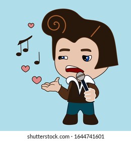 emoji with retro singer with a microphone and a 50 s styled pompadour haircut, simple colored emoticon, personage primitive vector art