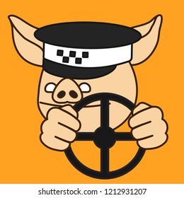 emoji with retro taxi driver pig that is holding a wheel while driving the car and wearing a cap with checkerboard sign, simple hand drawn emoticon, simplistic colorful picture, eps 10 vector clip art