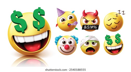 Conjunto de Vectores de personajes de emoticonos ricos en emojis. Emojis ricos y prósperos emoticones amarillos con payaso de cumpleaños, diablo, soñoliento, payaso y enfermo expresión facial Elementos gráficos colección. Vector