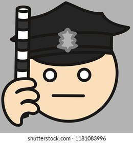 emoji with road police poinstman that is pointing his striped stick up to control traffic by law, officer in uniform cap with a badge holding a pointer, simple colored emoticon, primitive vector art