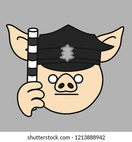 emoji with road police pointsman pig that is pointing his striped stick up to control traffic by law, officer in uniform cap with a badge holding a pointer, simple hand drawn emoticon