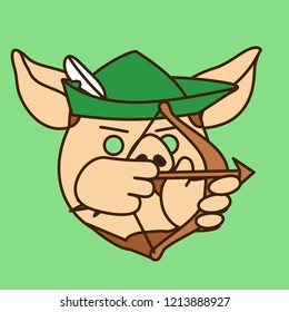 emoji with Robin Hood pig shooting arrow from bow,classic folk character wearing medieval English hat,famous thug that lived in Sherwood forest of Nottinghamshire during dark ages of England